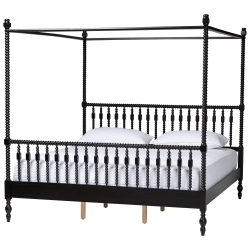 Baxton Studio Callison Spindle Canopy Bed - Turned Farmhouse Bed Frame with Spoked Headboard and Sculpted Legs, Black, King